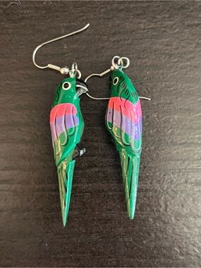 Green Parrot Bird Earrings with Pink & Purple Accents